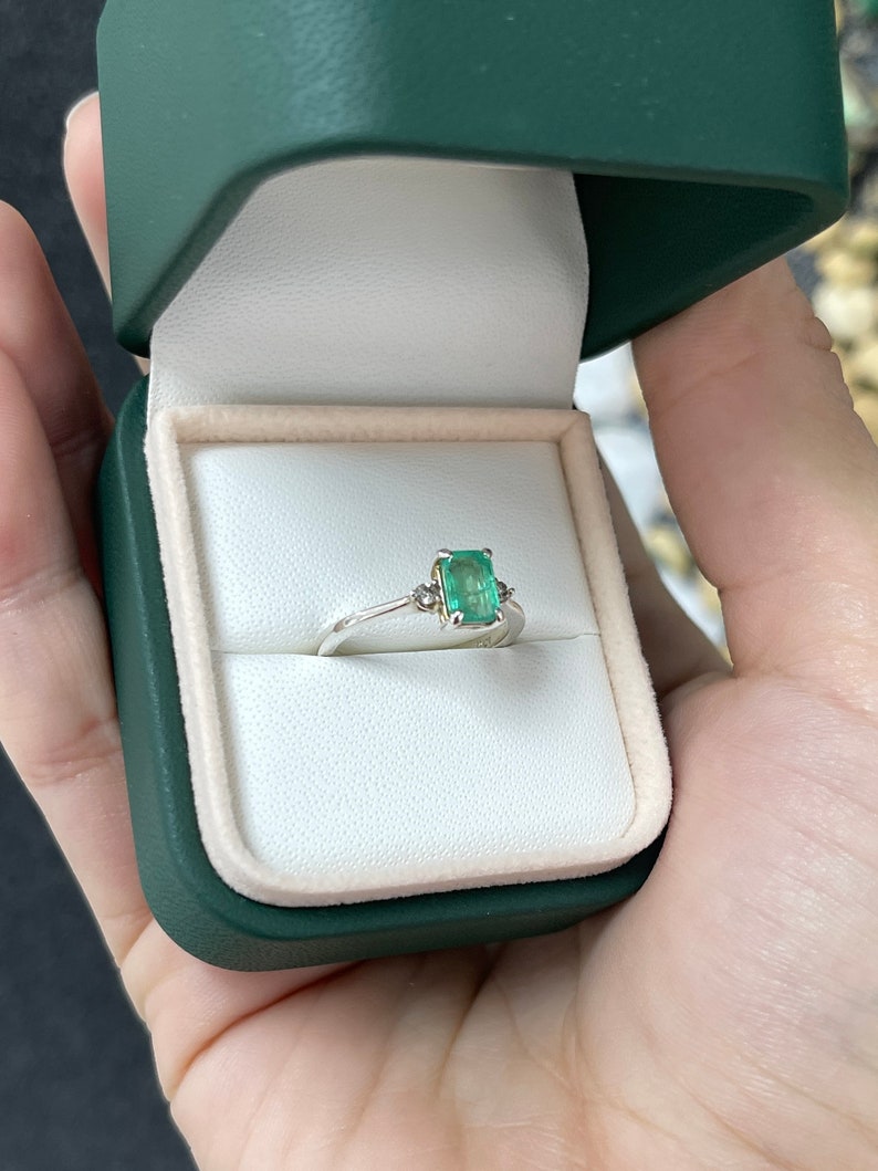 0.98tcw SS Natural Medium Green Emerald Cut Brilliant Round Diamond 3 Stone Sterling Silver Ring 925 - JR Colombian Emeralds