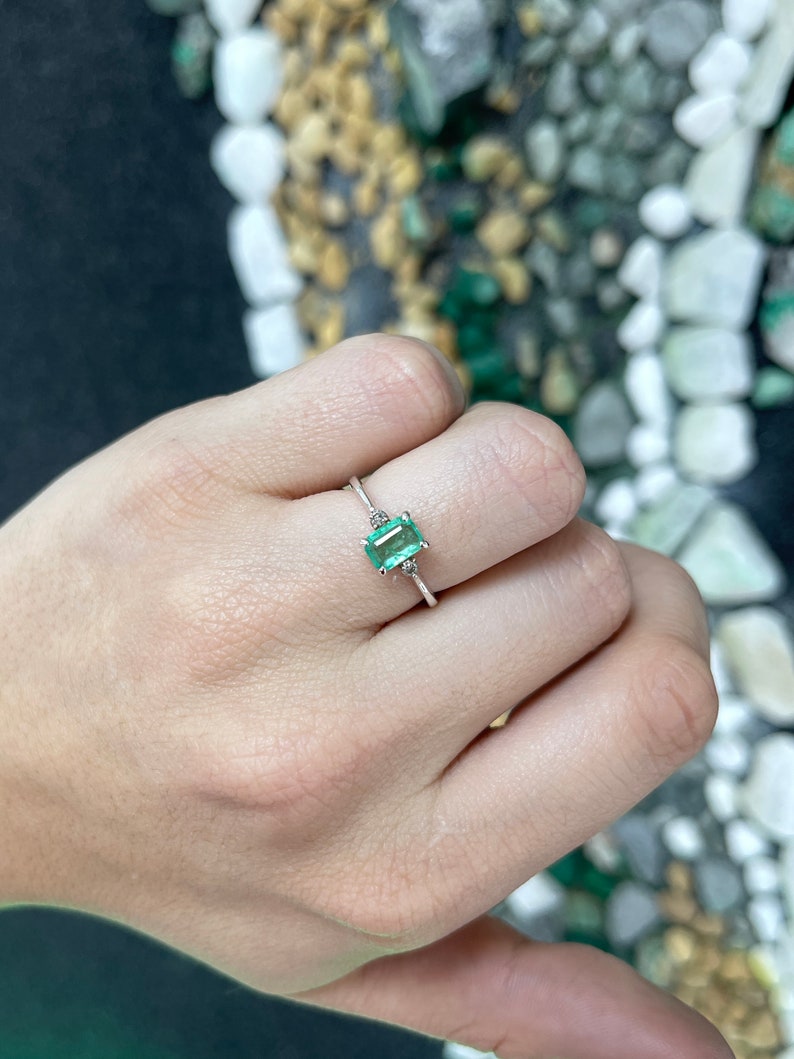 0.98tcw SS Natural Medium Green Emerald Cut Brilliant Round Diamond 3 Stone Sterling Silver Ring 925 - JR Colombian Emeralds