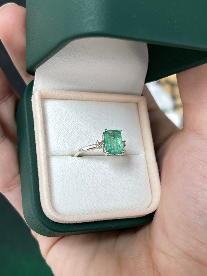 1.70tcw SS Medium Green Emerald Cut Brilliant Round Diamond Accent 3 Stone Sterling Silver Ring - JR Colombian Emeralds