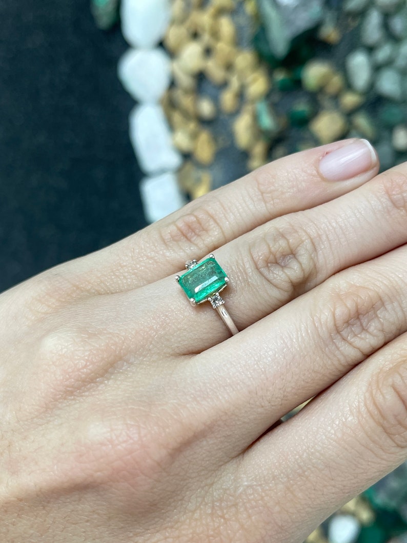 1.70tcw SS Medium Green Emerald Cut Brilliant Round Diamond Accent 3 Stone Sterling Silver Ring - JR Colombian Emeralds