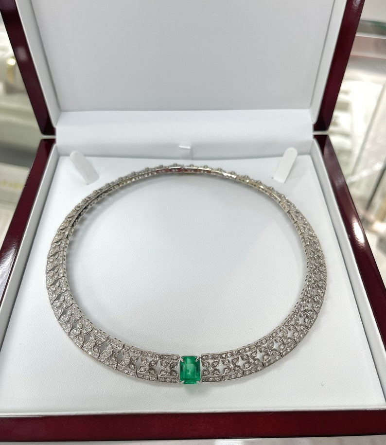 10.62tcw Minor Oil 18K Royal Floral Diamond Statement Emerald Choker Necklace - JR Colombian Emeralds