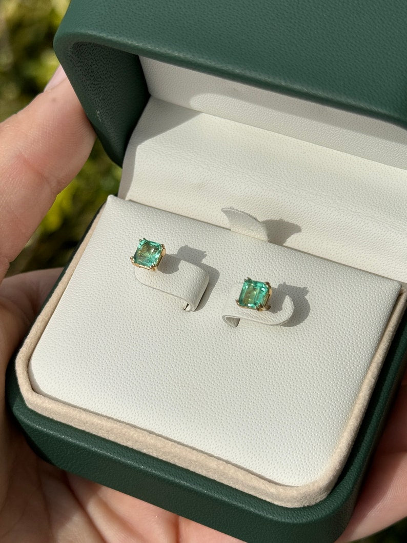 1.73tcw 14K High-Quality Vivid Electric Green Double Claw Prong Emerald Asscher Cut Studs Earrings - JR Colombian Emeralds