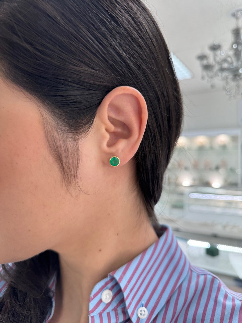 2.14tcw 18K Round Cut Vivid Rich Green Bezel Set with Windows Emerald Stud Earrings - JR Colombian Emeralds