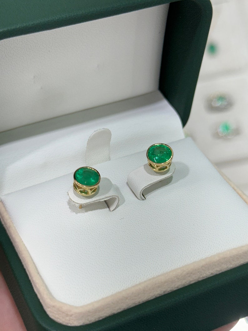 2.14tcw 18K Round Cut Vivid Rich Green Bezel Set with Windows Emerald Stud Earrings - JR Colombian Emeralds