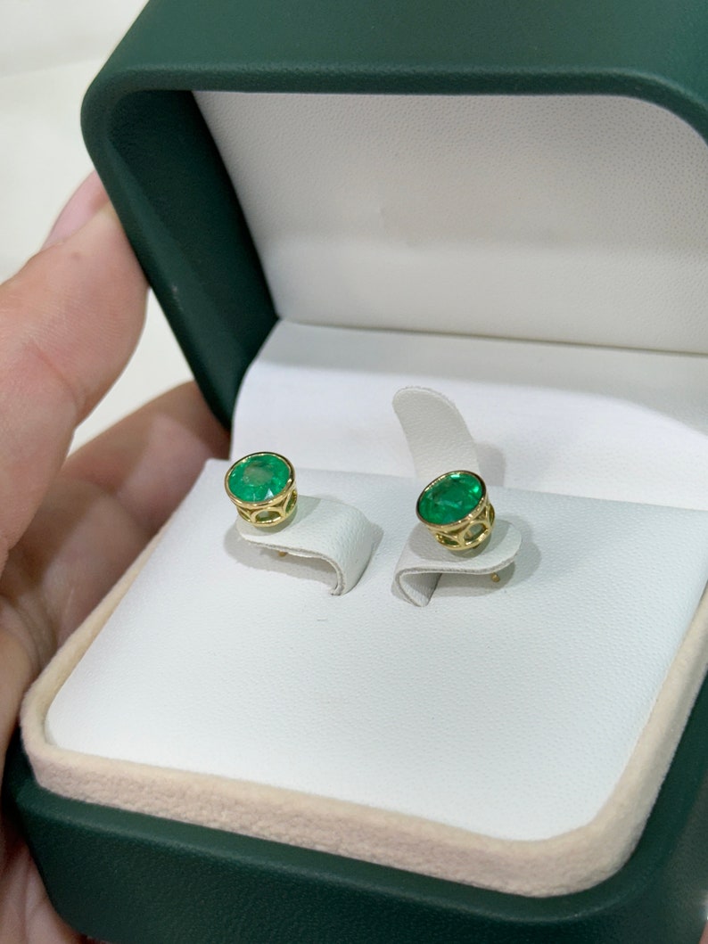 2.14tcw 18K Round Cut Vivid Rich Green Bezel Set with Windows Emerald Stud Earrings - JR Colombian Emeralds