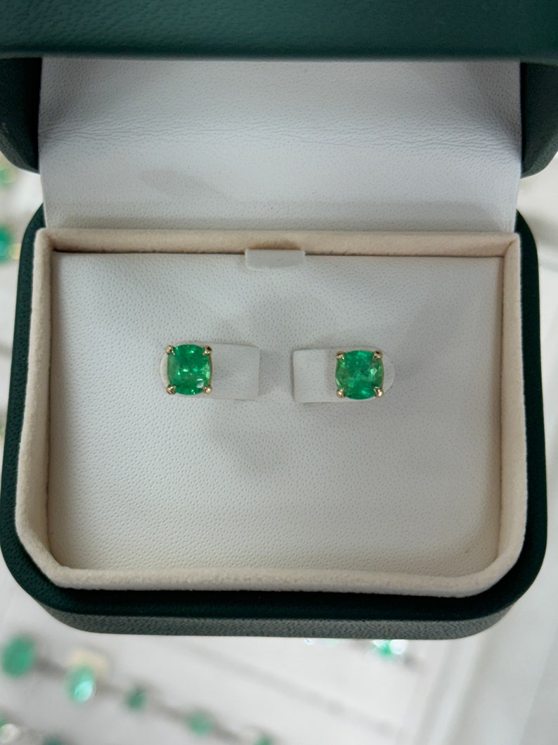 2.41tcw 14K Rich Vibrant Vivid Green Emerald Cushion Cut Stud Earrings - JR Colombian Emeralds