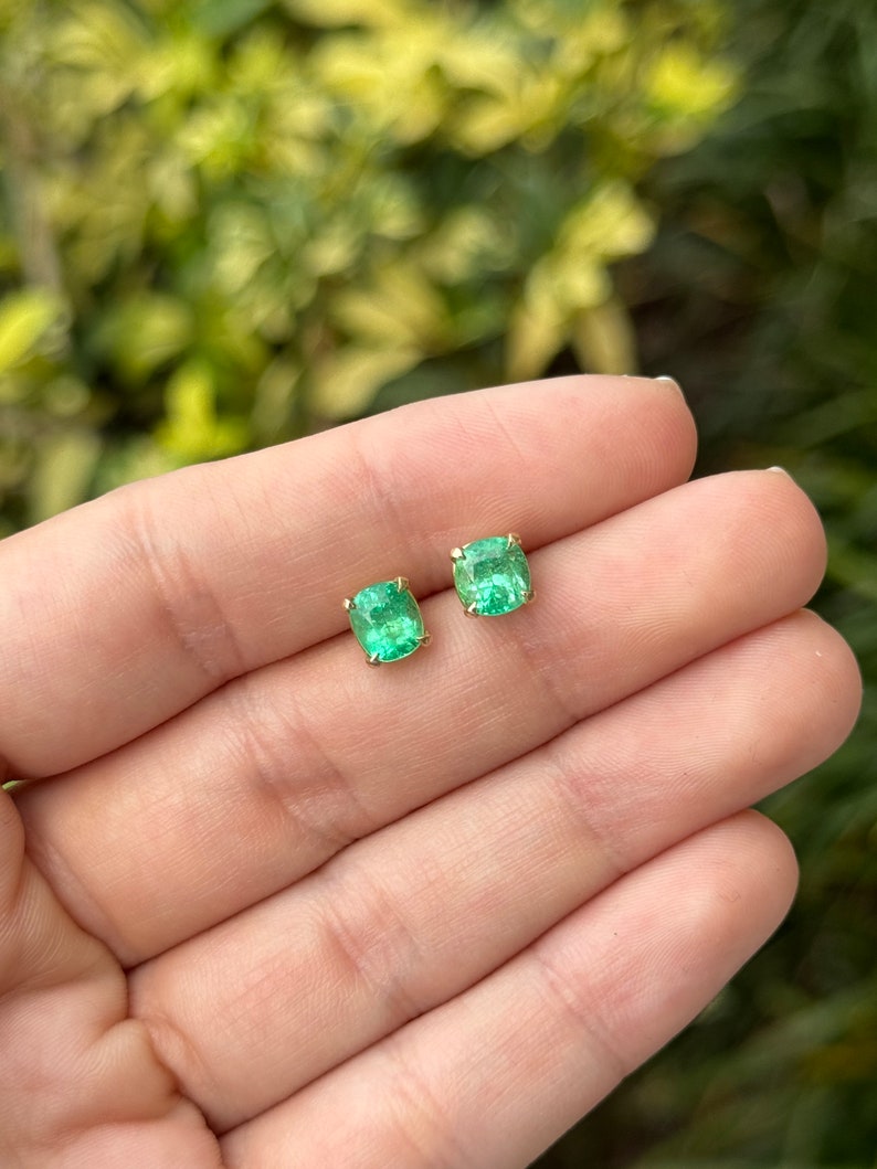 Vivid Emerald Cushion Cut Studs: 14K Gold, 2.41 Total Carat Weight