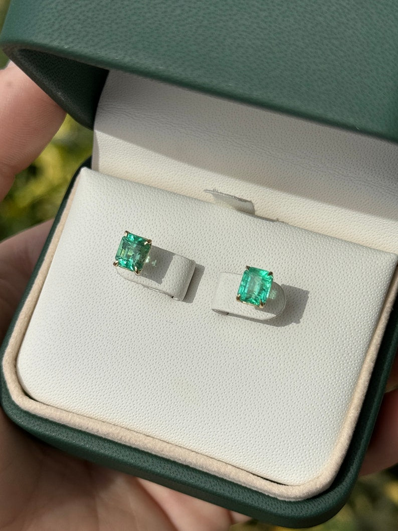 2.21tcw 18K Rich Vivid Green Unisex Emerald Cut Four Claw Prong Stud Earrings - JR Colombian Emeralds