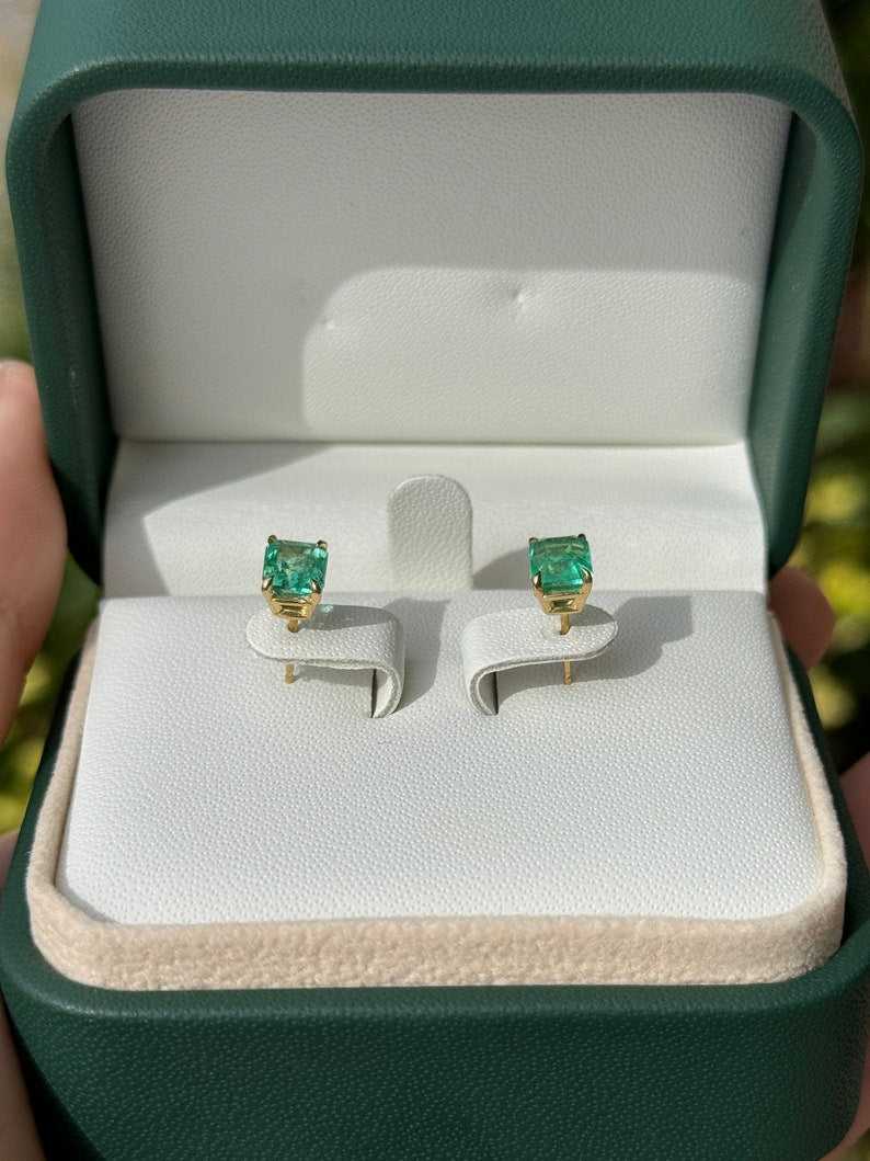 2.21tcw 18K Rich Vivid Green Unisex Emerald Cut Four Claw Prong Stud Earrings - JR Colombian Emeralds