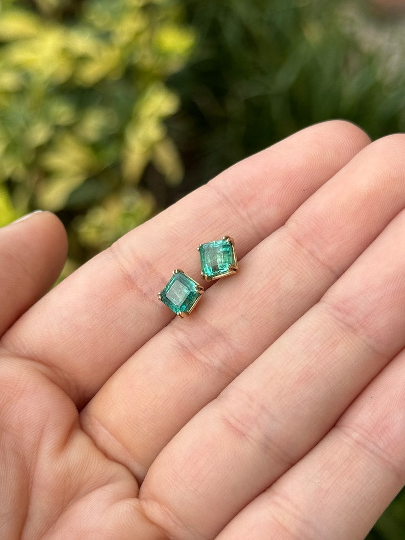 2.45tcw 14K Natural Deep Ocean Green Double Claw Prong Set Asscher Cut Emerald Stud Earrings - JR Colombian Emeralds