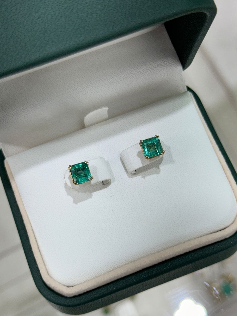 Exquisite 14K Natural Deep Green Emerald Studs, 2.45tcw