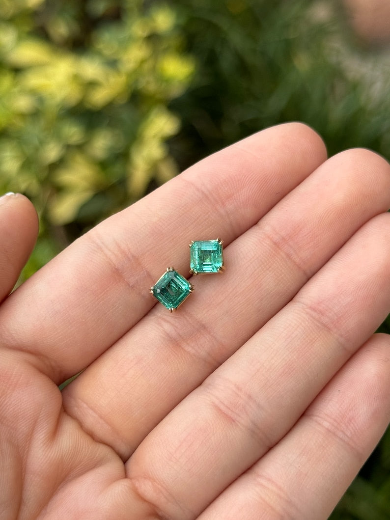 2.45tcw 14K Natural Deep Ocean Green Double Claw Prong Set Asscher Cut Emerald Stud Earrings - JR Colombian Emeralds