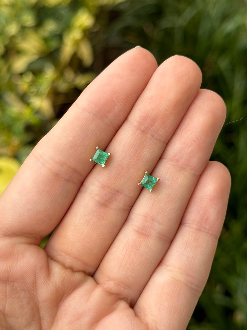 Chic Asscher Cut Emerald Studs: 14K Four Prong Setting