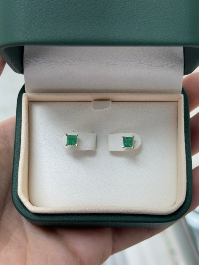 0.80tcw 14K Princess Cut Four Prong Set Emerald Lush Deep Green Asscher Baby Studs Earrings - JR Colombian Emeralds