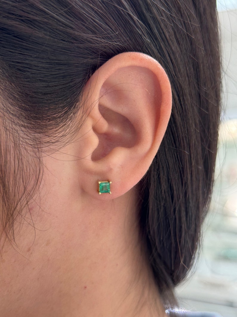 14K Baby Stud Earrings: Captivating Deep Green Princess Cut Emeralds