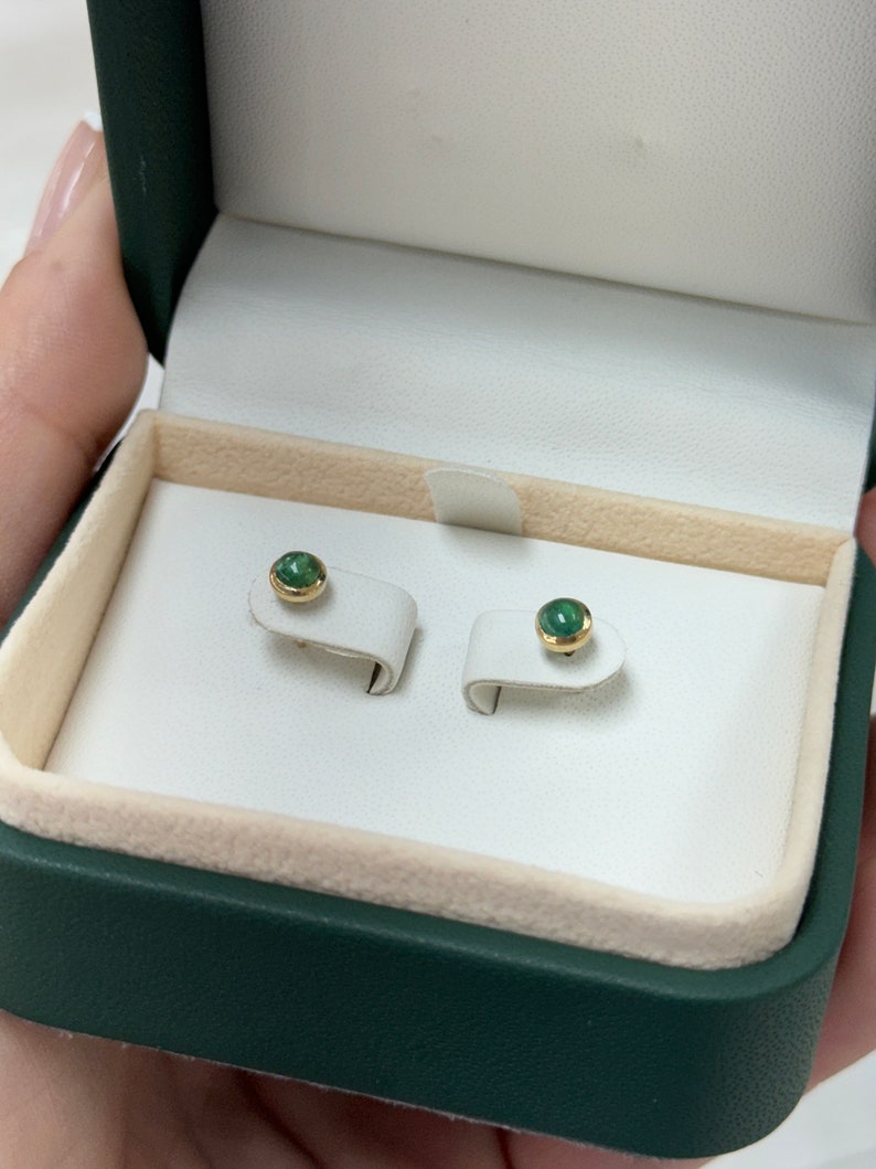 0.55tcw 14K Natural Lush Medium Dark Green Round Cabochon Cut Emerald Petite Baby Stud Earrings - JR Colombian Emeralds