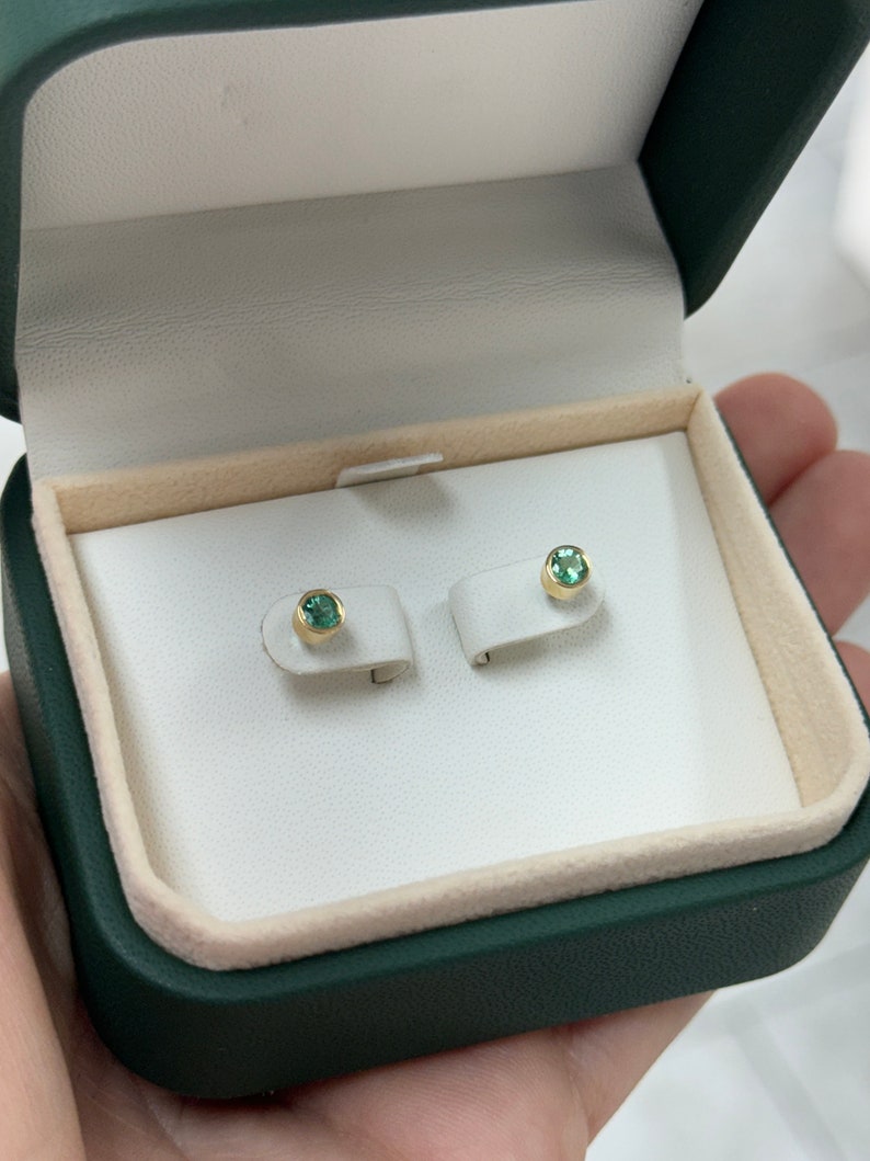 0.50tcw 14K Natural Lush Medium Green Round Cut Bezel Set 3.70mm Gold Baby Emerald Studs Earrings - JR Colombian Emeralds