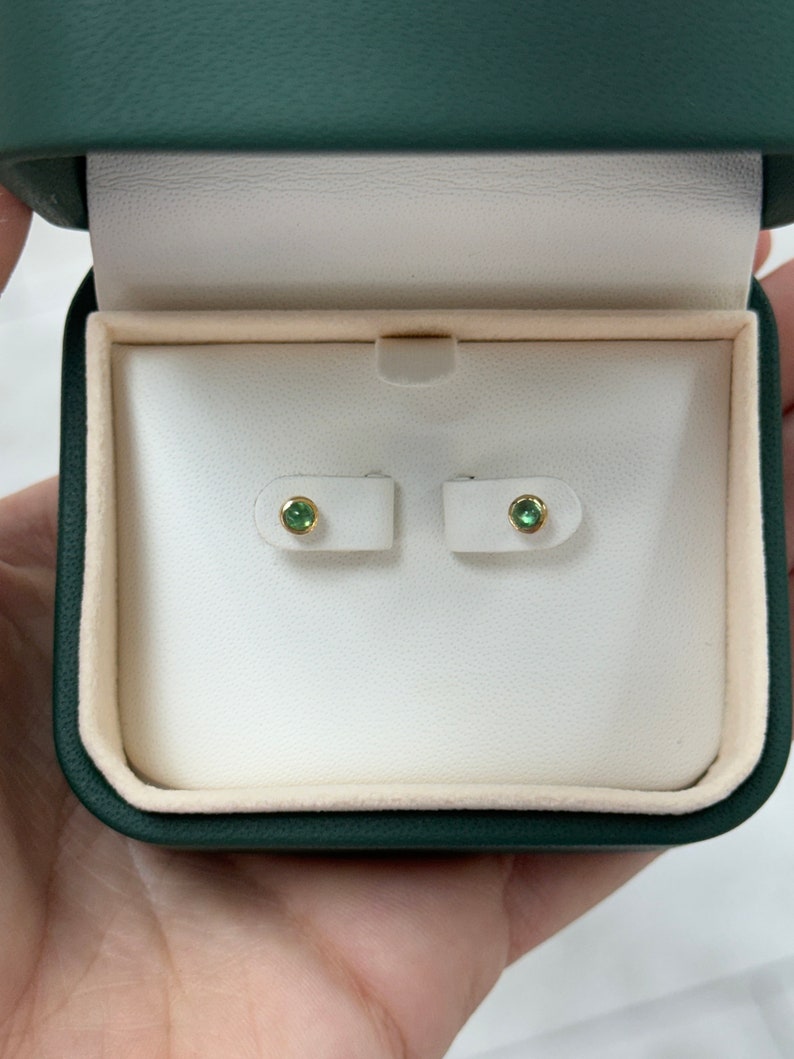 Chic Cabochon Round Cut Earrings: 14K Petite Baby Emerald, 0.20tcw