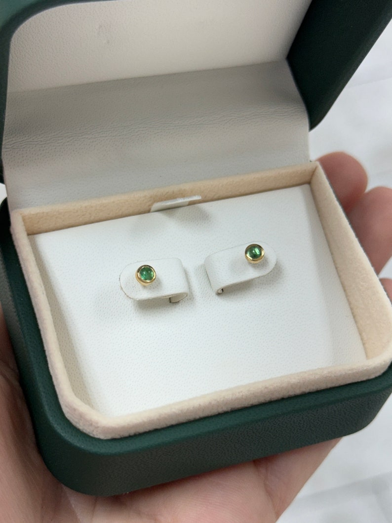 0.20tcw 14K Natural Lush Medium Dark Green Cabochon Round Cut Petite Baby Emerald Stud Earrings - JR Colombian Emeralds