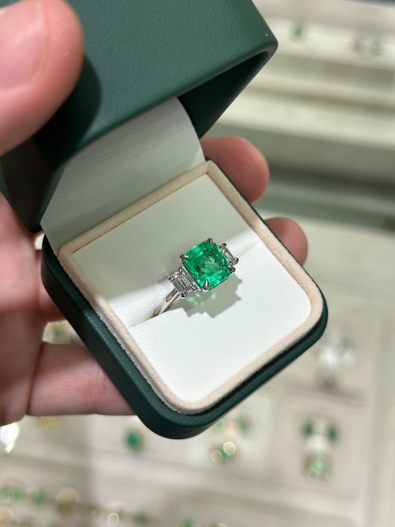 5.10tcw 18K Rich Vivid Green Colombian Emerald & Diamond Three Stone Prong Set Ring - JR Colombian Emeralds