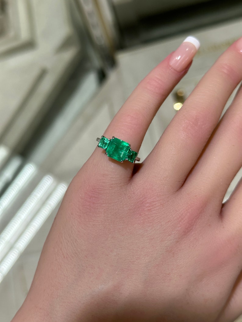 Luxurious 18K Three Stone Emerald Right Hand Engagement Ring: 3.37tcw Asscher Cut Trilogy