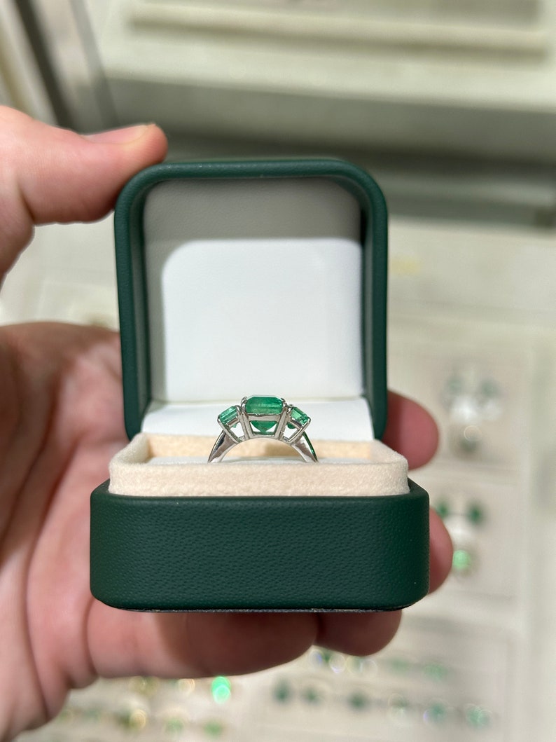 3.37tcw 18K Vivid Asscher Cut Emerald Three Stone Right Hand Engagement Trilogy Ring - JR Colombian Emeralds