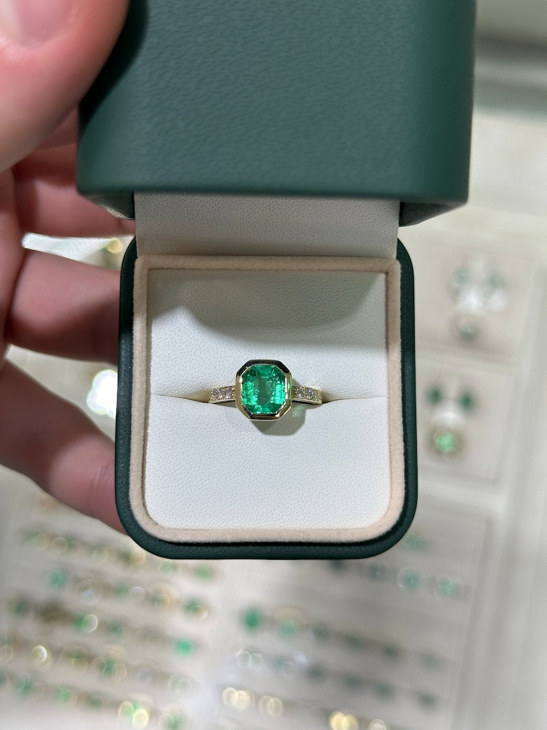 2.47tcw 18K Bezel Set 750 Gold Fine Quality Vivid Rich Green Emerald Cut Diamond Accent Engagement Ring - JR Colombian Emeralds