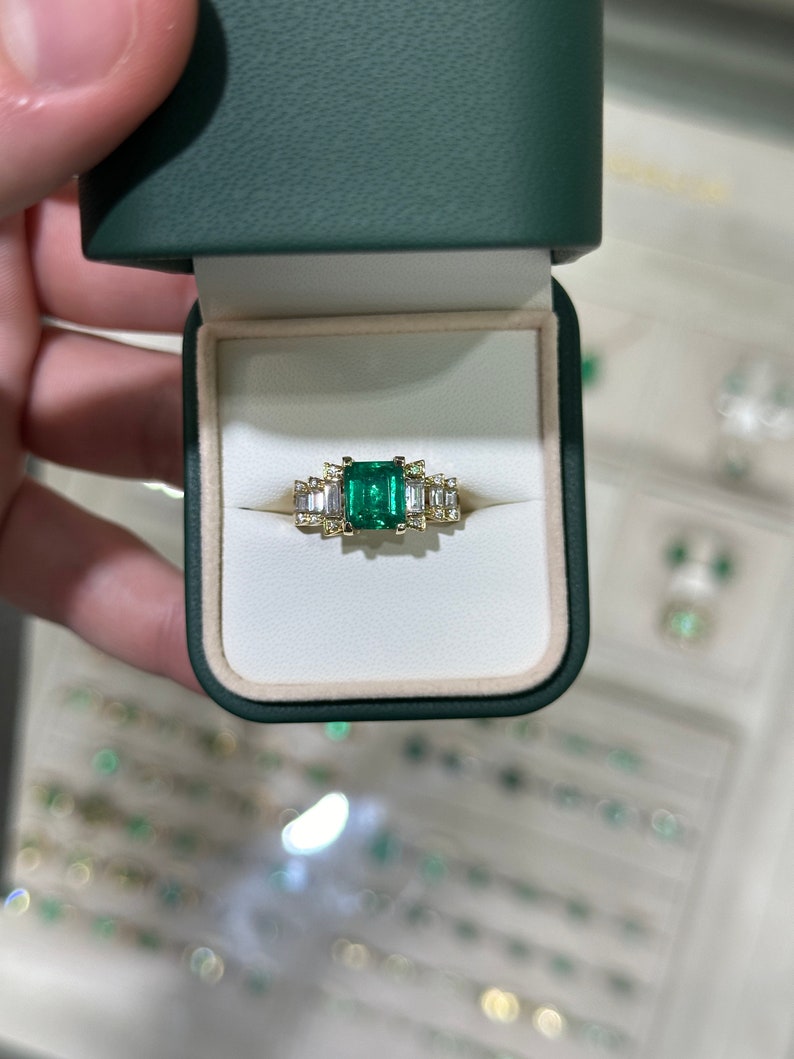 3.57tcw 18K Rich Green Baguette and Round Cut Emerald & Diamond Accent Engagement Ring - JR Colombian Emeralds