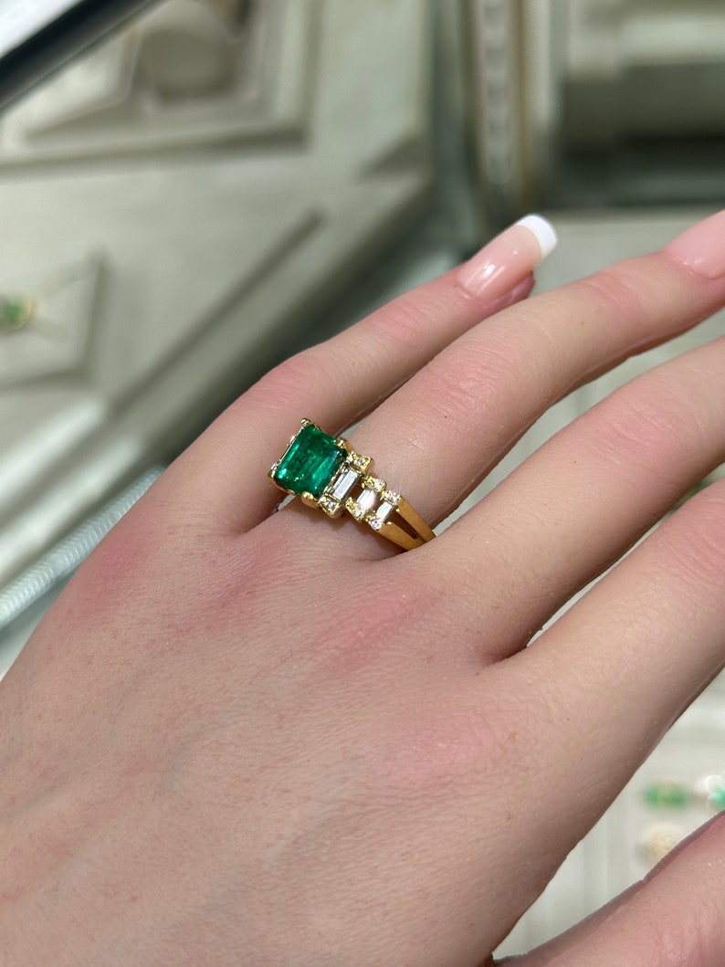 18K Gold Engagement Ring: Exquisite Baguette and Round Cut Emeralds totaling 3.57 Carats