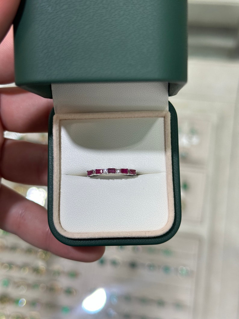 0.42tcw 14K White Gold 585 East to West in Prong Setting Red Ruby & Diamond Accent Band Ring - JR Colombian Emeralds