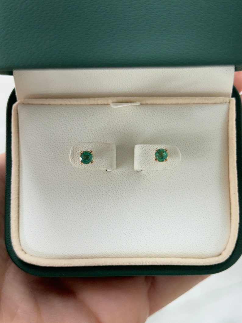 0.50tcw 14K Natural Round Cut Emerald Baby Petite Double Claw Prong Unisex Studs Earrings - JR Colombian Emeralds