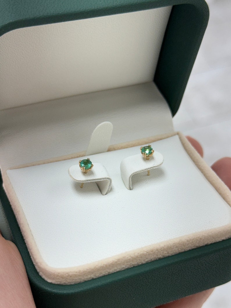 0.50tcw 14K Natural Round Cut Emerald Baby Petite Double Claw Prong Unisex Studs Earrings - JR Colombian Emeralds