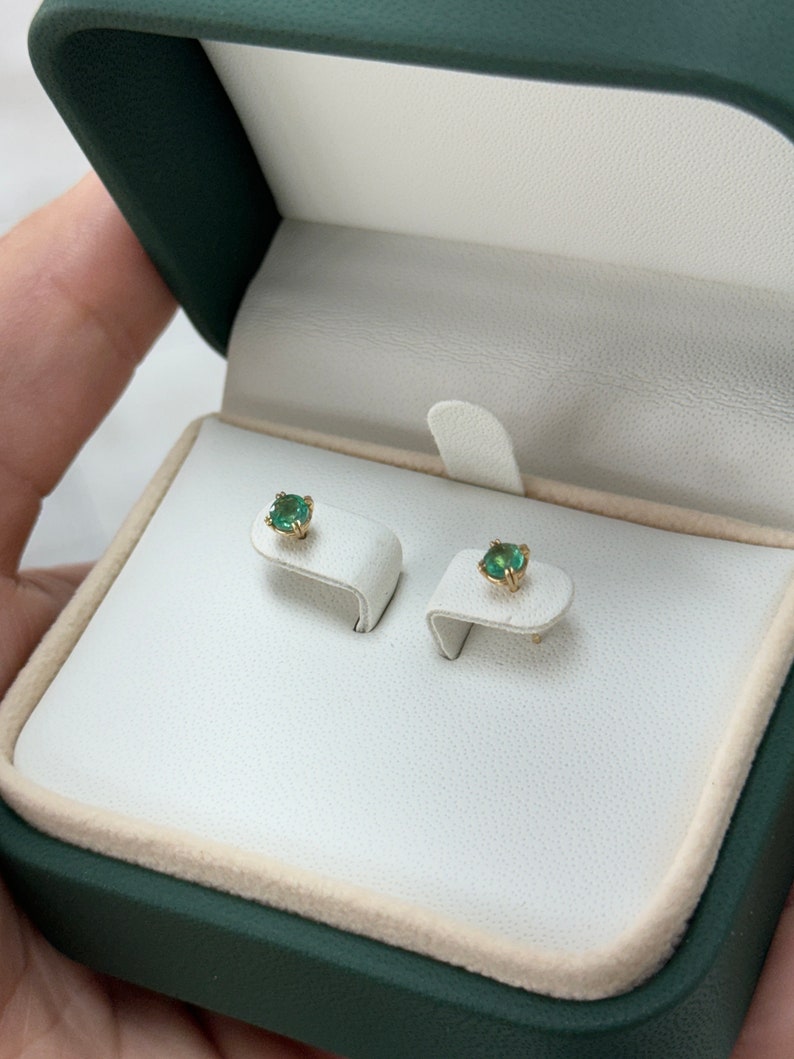 0.50tcw 14K Natural Round Cut Emerald Baby Petite Double Claw Prong Unisex Studs Earrings - JR Colombian Emeralds