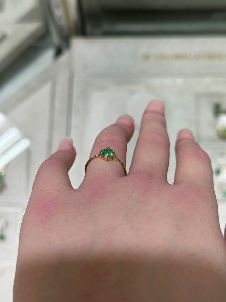 0.55ct 14K Natural Medium Green Round Cut Emerald Solitaire 5mm Four Prong Gold Ring - JR Colombian Emeralds