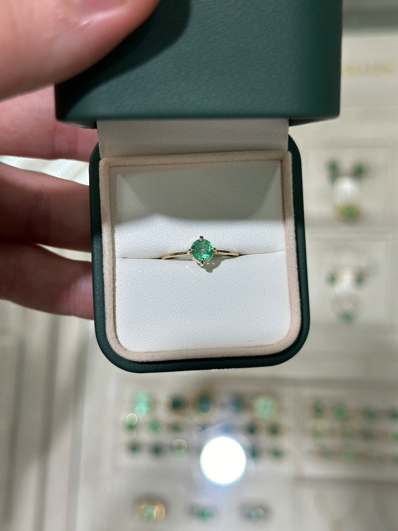 0.55ct 14K Natural Medium Green Round Cut Emerald Solitaire 5mm Four Prong Gold Ring - JR Colombian Emeralds