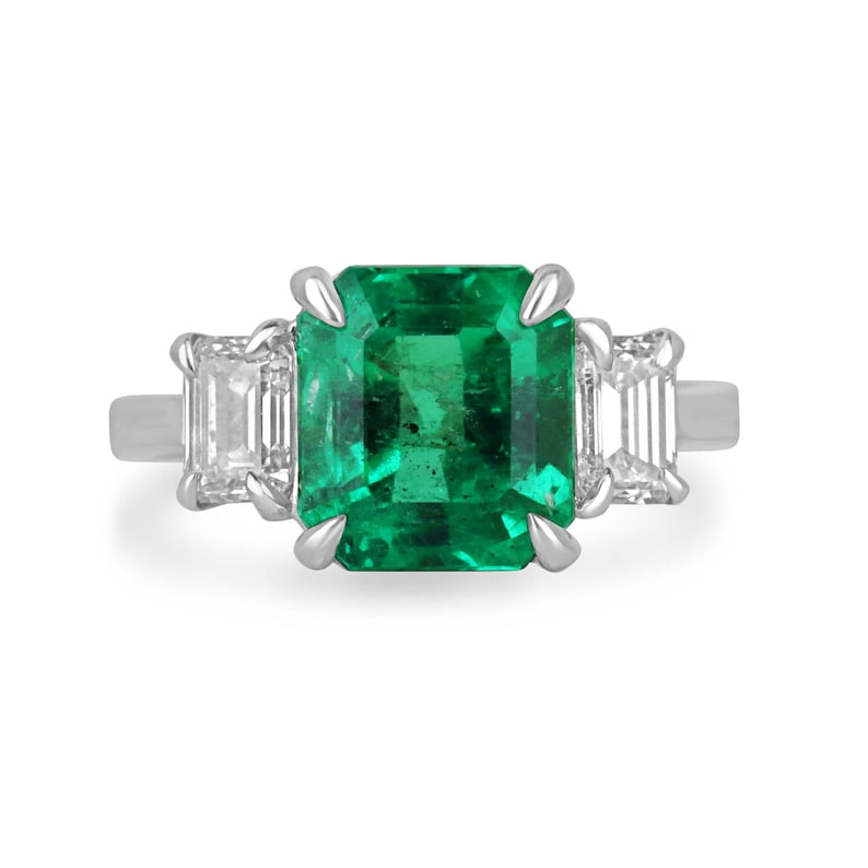 Exquisite 18K Emerald & Diamond Three Stone Ring 5.10tcw