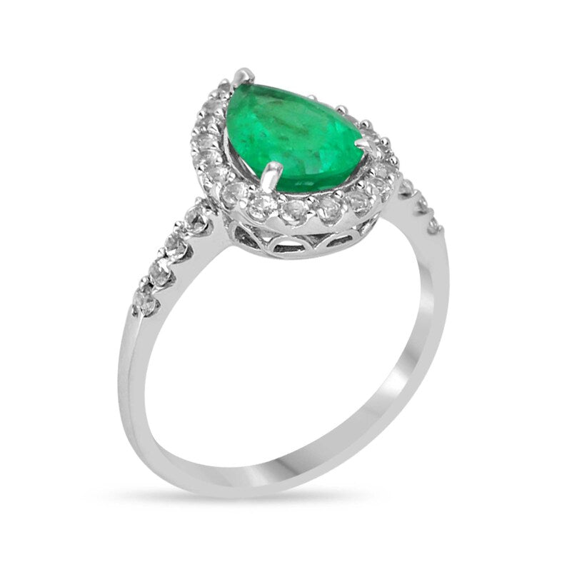 14K White Gold Pear Cut Emerald Ring: Vivid Green Beauty