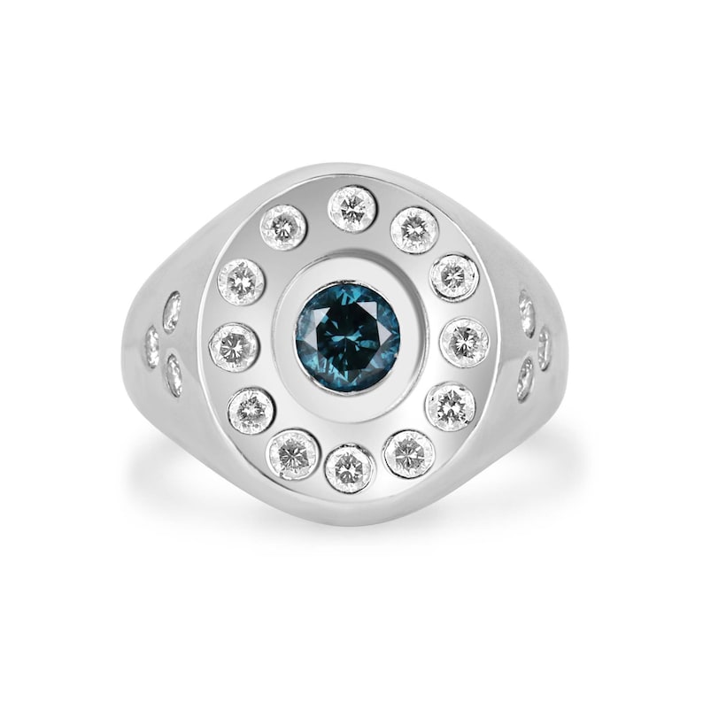 Statement Ring in 14K White Gold with 1.24tcw Blue Diamonds, Chunky Style