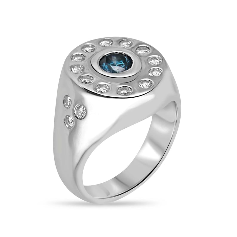 1.24ct 14K White Gold Blue Round Diamond & Halo Statement Unisex Bezel Set Signet Ring 