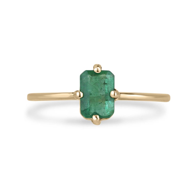 14K Natural Solitaire Emerald Ring: Petite Accent North to South Setting, 0.70ct