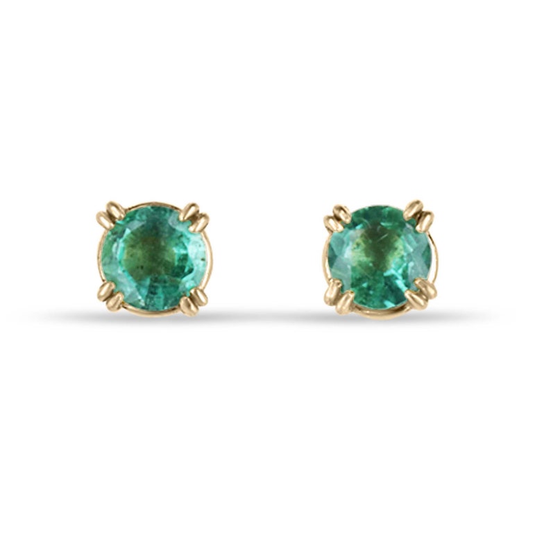 Tiny 0.50 Carat Total Weight 14K Gold Stud Earrings with Authentic Round Emeralds