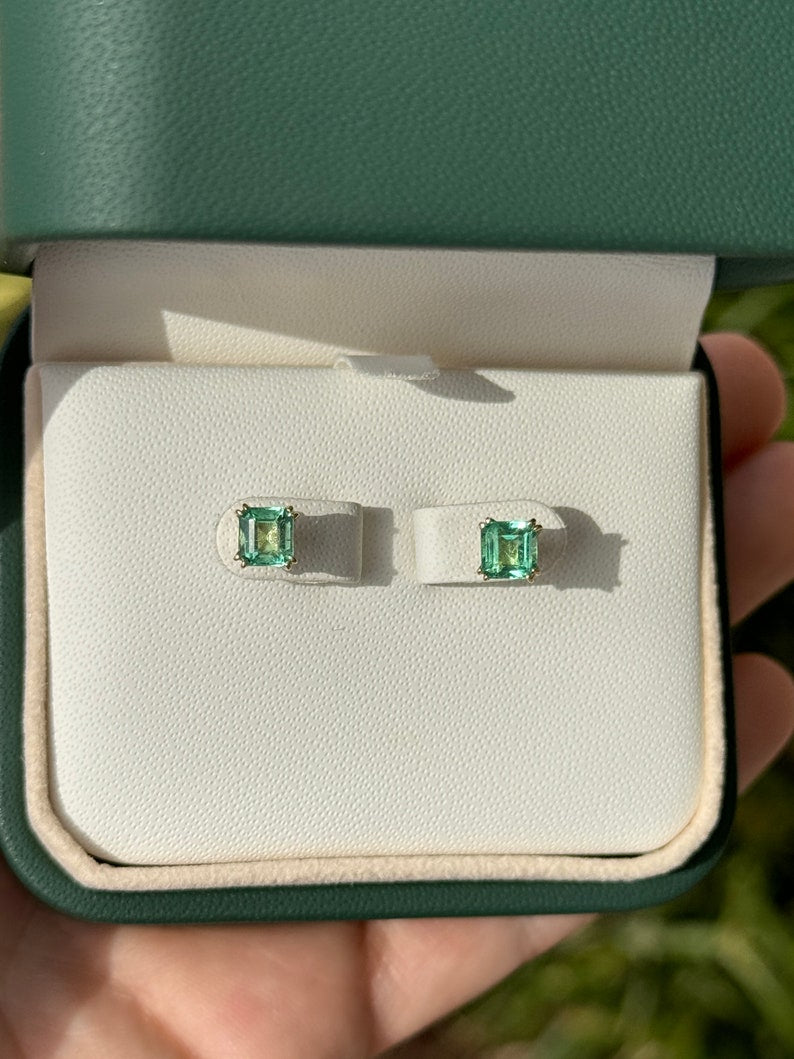 1.73tcw 14K High-Quality Vivid Electric Green Double Claw Prong Emerald Asscher Cut Studs Earrings - JR Colombian Emeralds