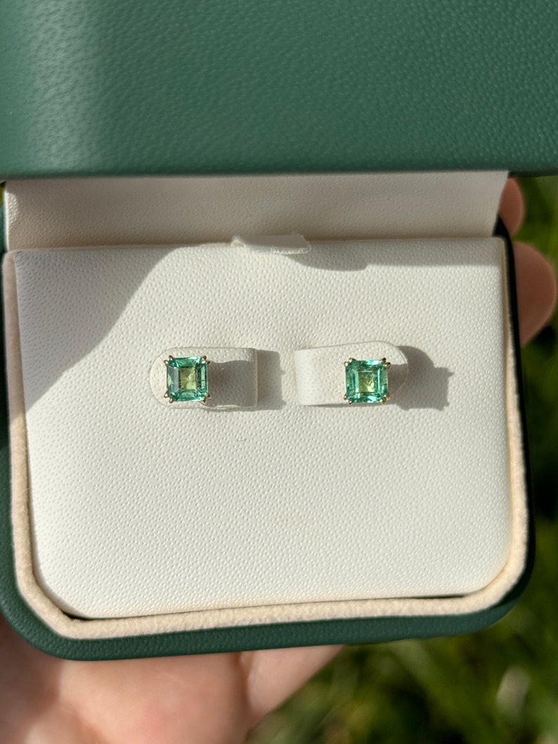 1.73tcw 14K High-Quality Vivid Electric Green Double Claw Prong Emerald Asscher Cut Studs Earrings - JR Colombian Emeralds