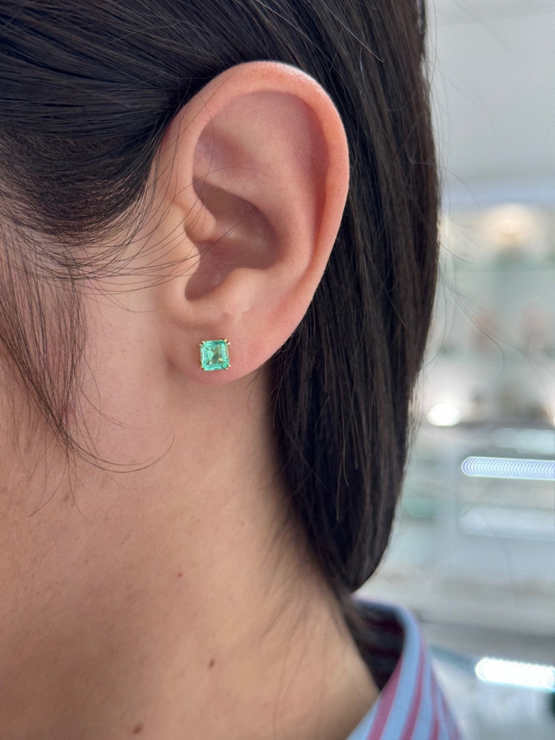 1.73tcw 14K High-Quality Vivid Electric Green Double Claw Prong Emerald Asscher Cut Studs Earrings - JR Colombian Emeralds