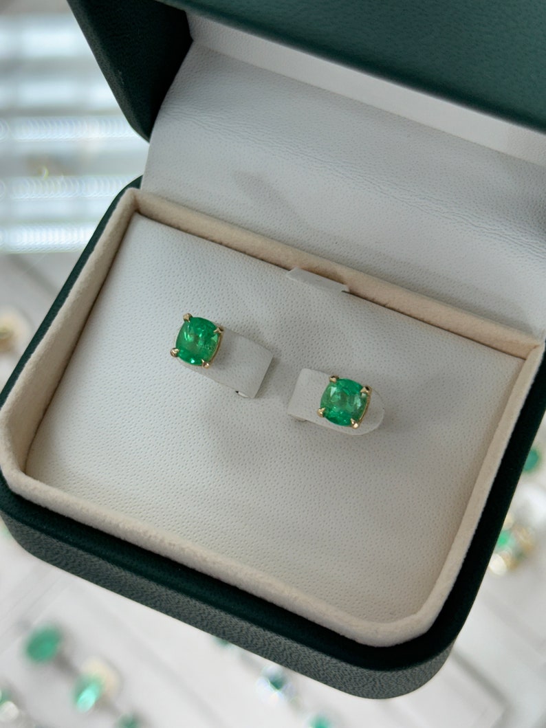 2.41tcw 14K Rich Vibrant Vivid Green Emerald Cushion Cut Stud Earrings - JR Colombian Emeralds