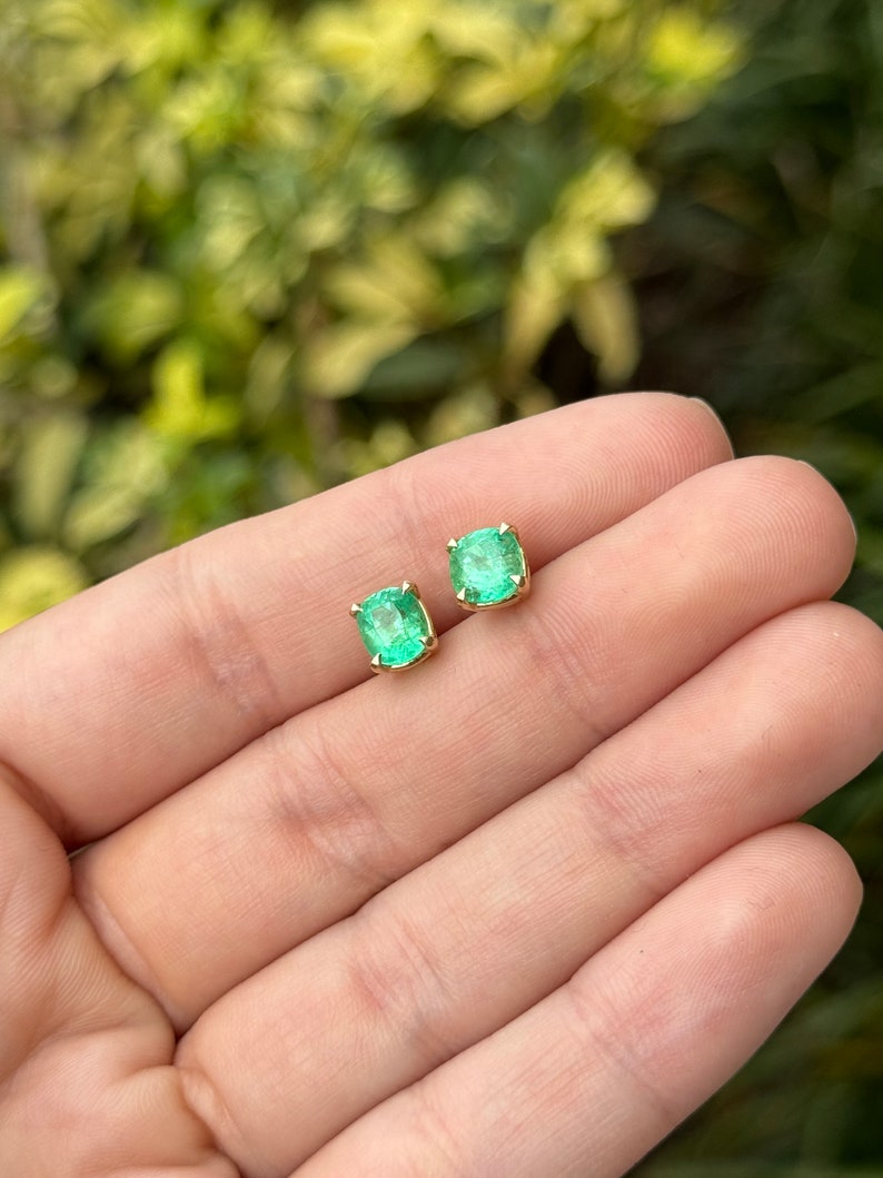 2.41tcw 14K Rich Vibrant Vivid Green Emerald Cushion Cut Stud Earrings - JR Colombian Emeralds