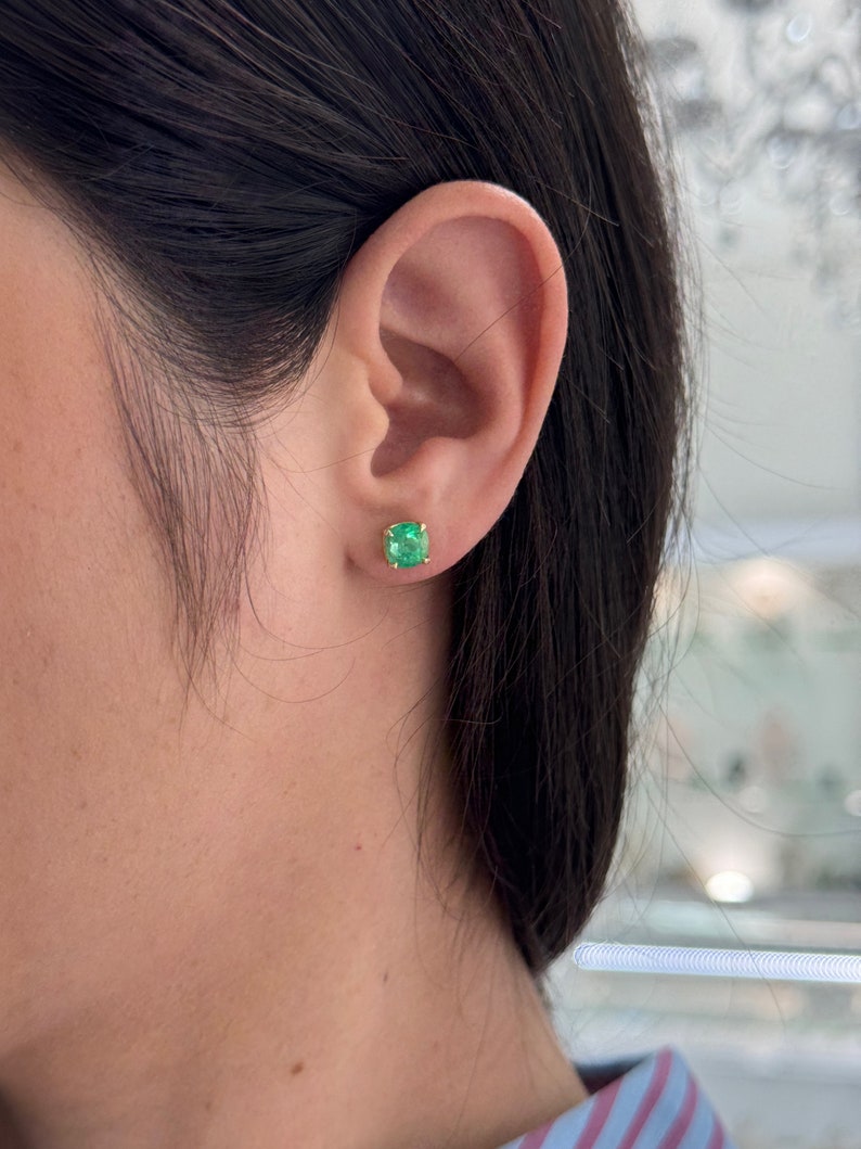 2.41tcw 14K Rich Vibrant Vivid Green Emerald Cushion Cut Stud Earrings - JR Colombian Emeralds