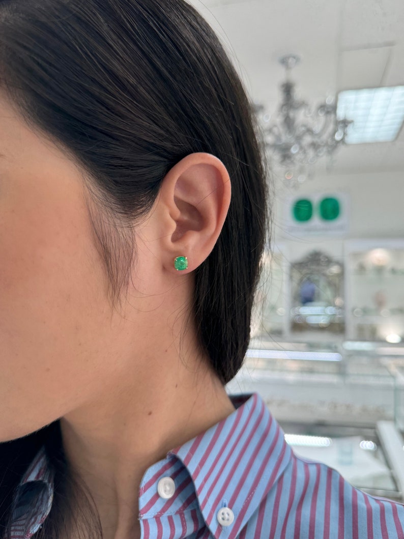 2.41tcw 14K Rich Vibrant Vivid Green Emerald Cushion Cut Stud Earrings - JR Colombian Emeralds