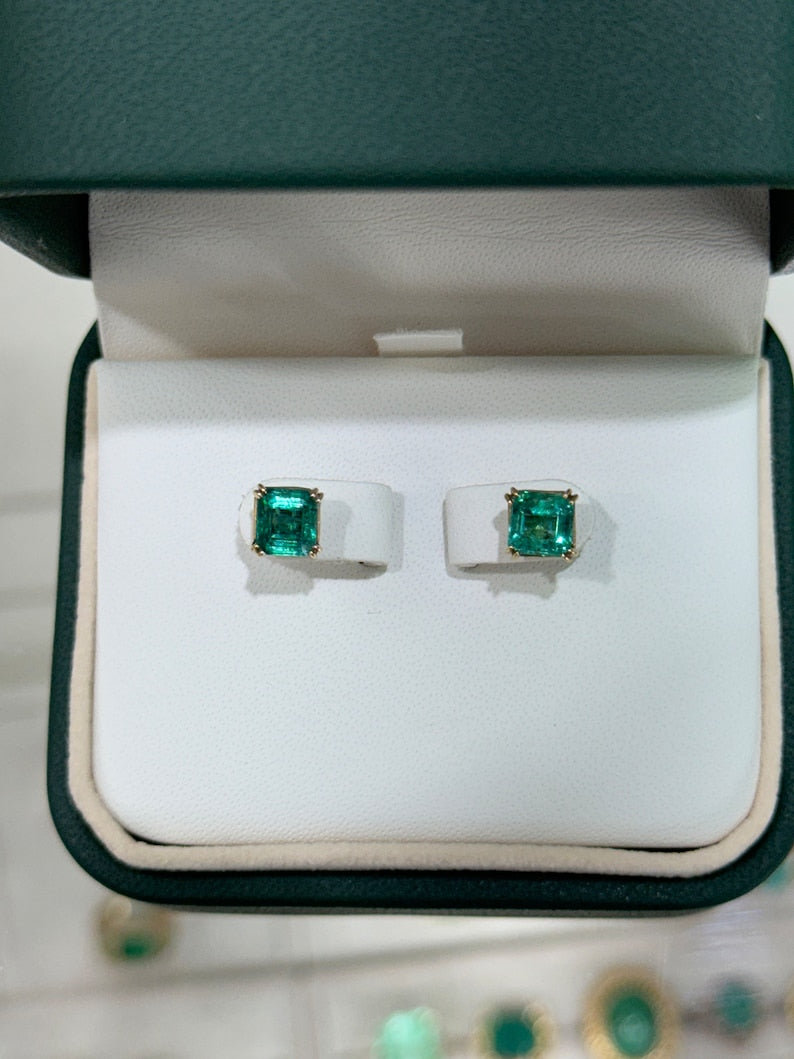 Chic 14K Deep Ocean Green Emerald Stud Earrings, Total 2.45tcw