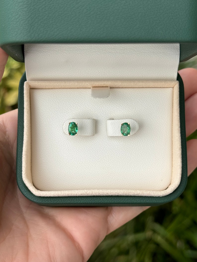 0.80tcw 14K Rich Green Petite Oval Cut Four Prong Emerald Baby Studs Earrings - JR Colombian Emeralds